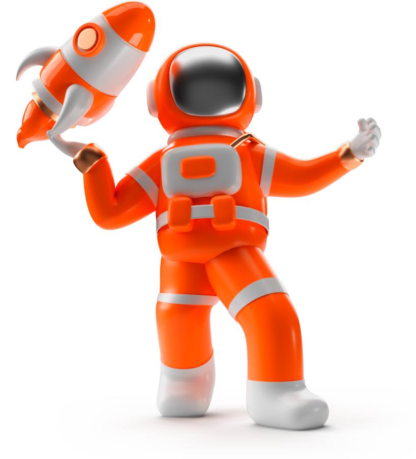 Mascote astronauta do Studio Ideação flutuando com um laptop
