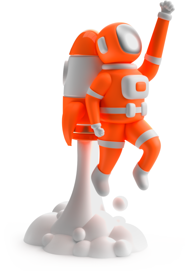 Mascote do Studio Ideação, um astronauta, trabalhando em um ambiente criativo com elementos gráficos